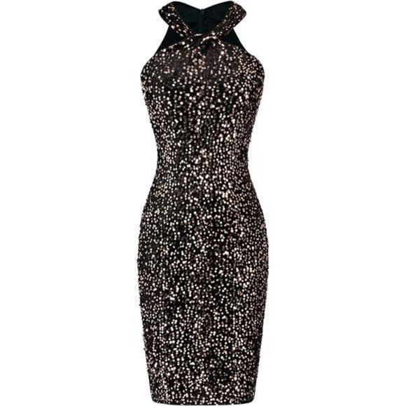 Womens Sequin Dress Sleeveless Sparkly Glitter Halter Black Gold - Picture 1 of 4